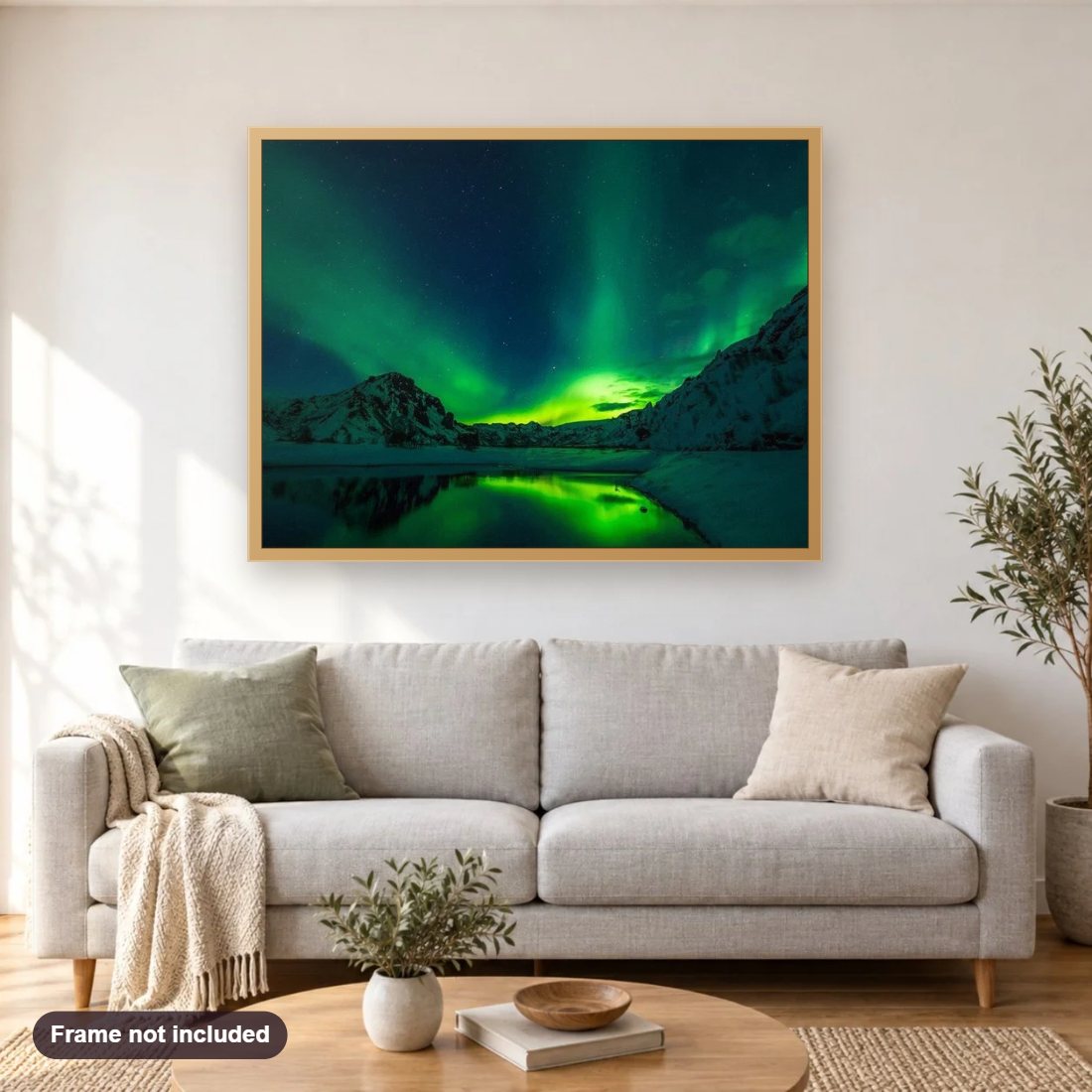 Iceland Aurora Borealis diamond painting shown framed on a living room wall above a sofa