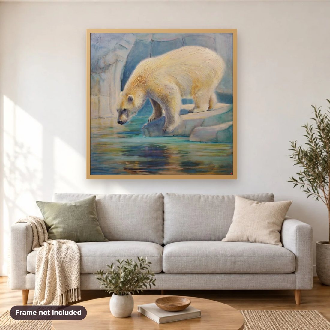 Icy Contemplation diamond painting shown framed on a living room wall above a sofa