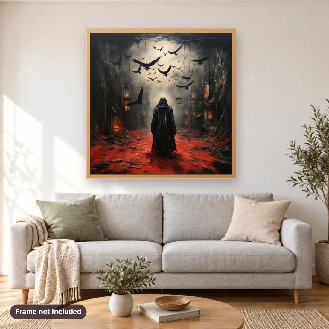 I'll Take Your Soul diamond painting shown framed on a living room wall above a sofa