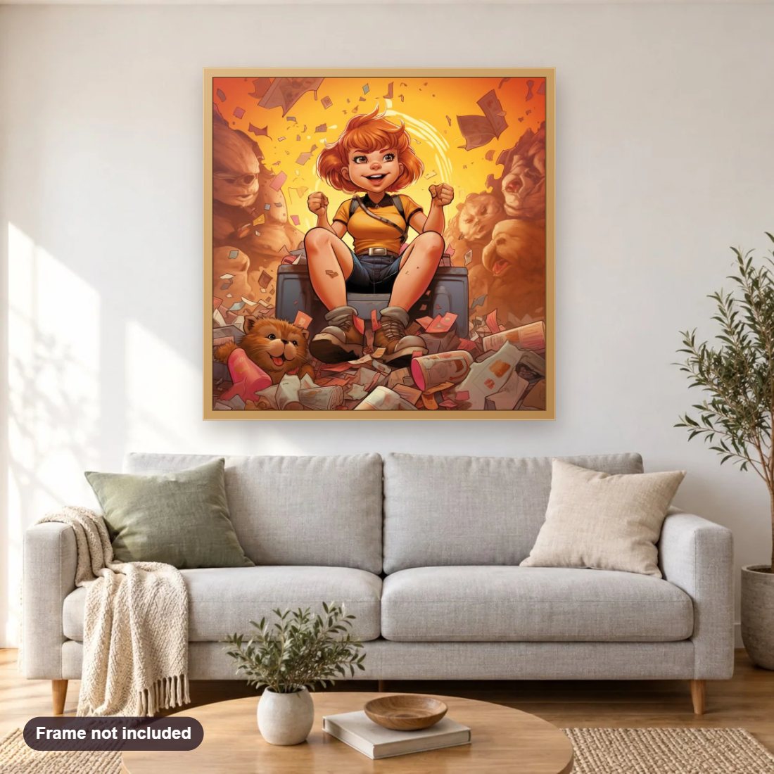 I'm too Excited diamond painting shown framed on a living room wall above a sofa