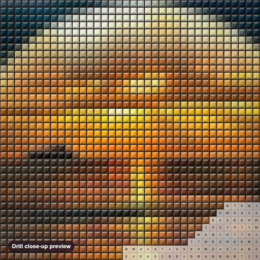 Close-up preview of the Incredible Sunset View diamond painting with square 5D drills and printed canvas symbols