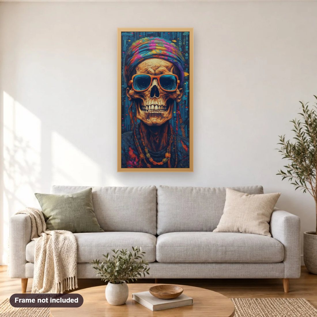 Inspired by Fashion diamond painting shown framed on a living room wall above a sofa