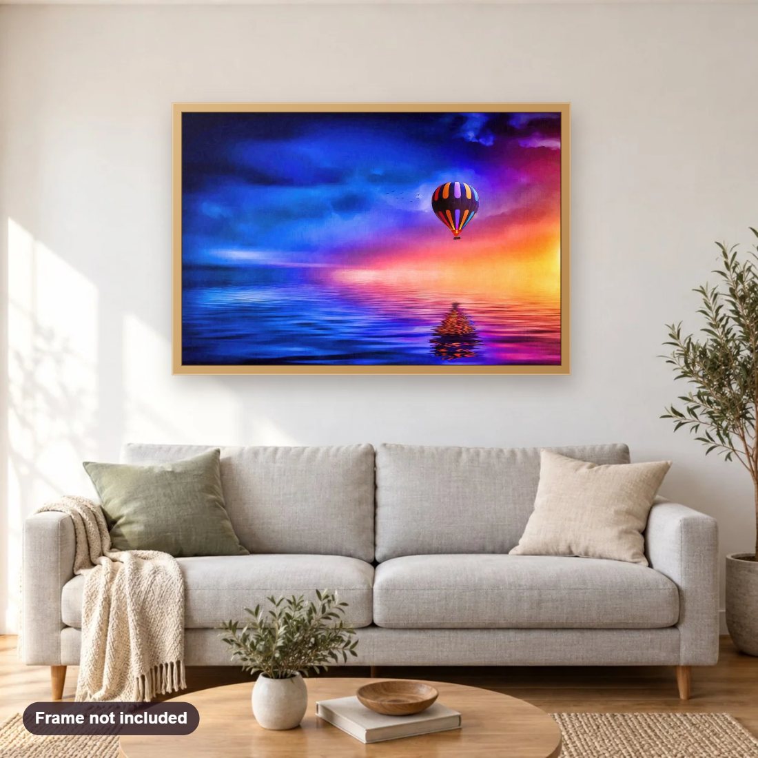 Into The West diamond painting shown framed on a living room wall above a sofa