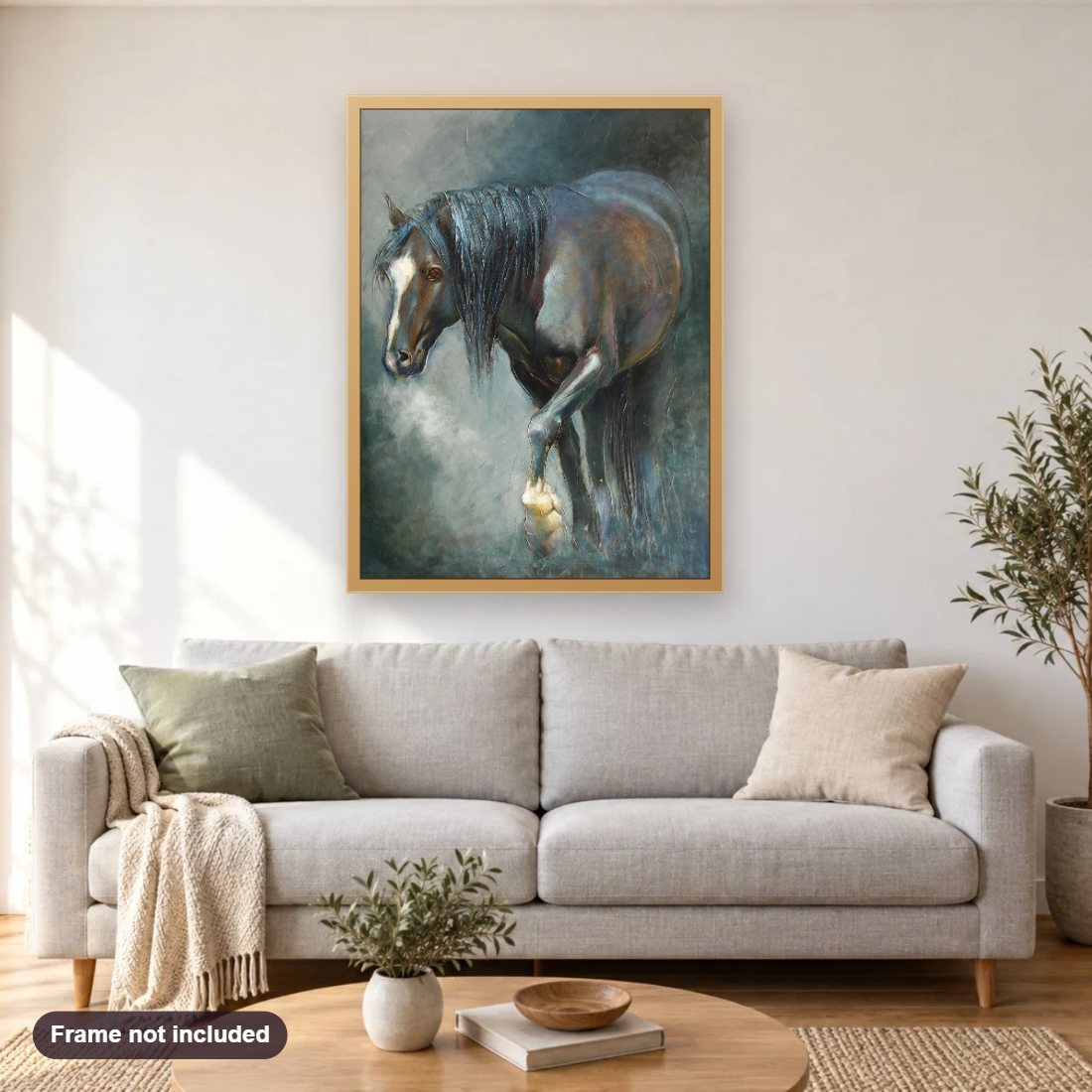 Into The Wild diamond painting shown framed on a living room wall above a sofa