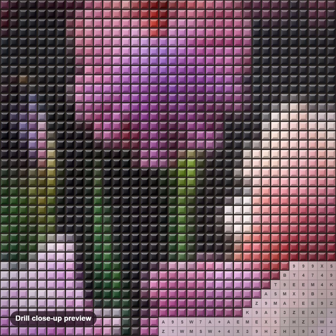 Close-up preview of the Iris diamond painting with square 5D drills and printed canvas symbols