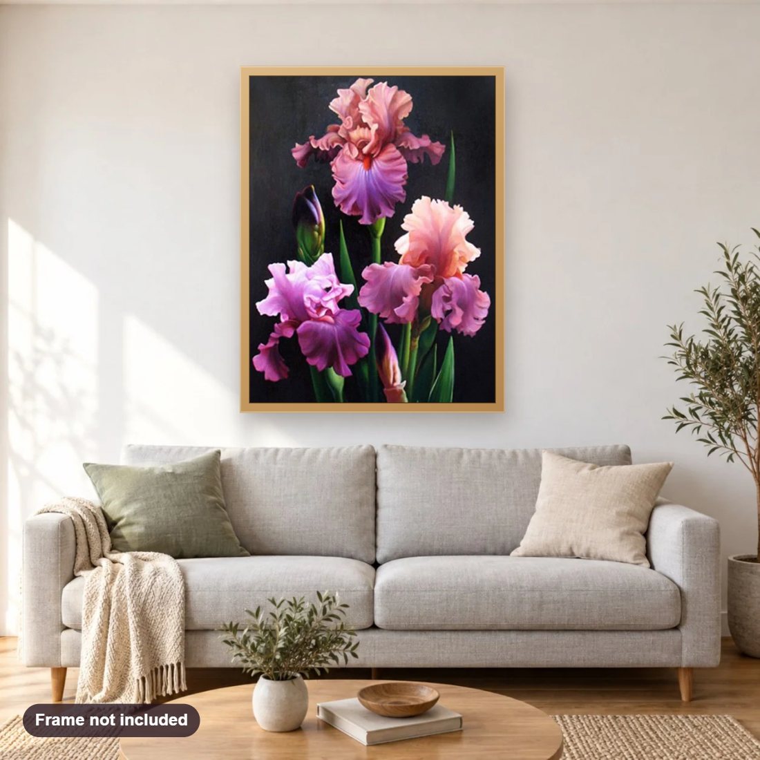 Iris diamond painting shown framed on a living room wall above a sofa