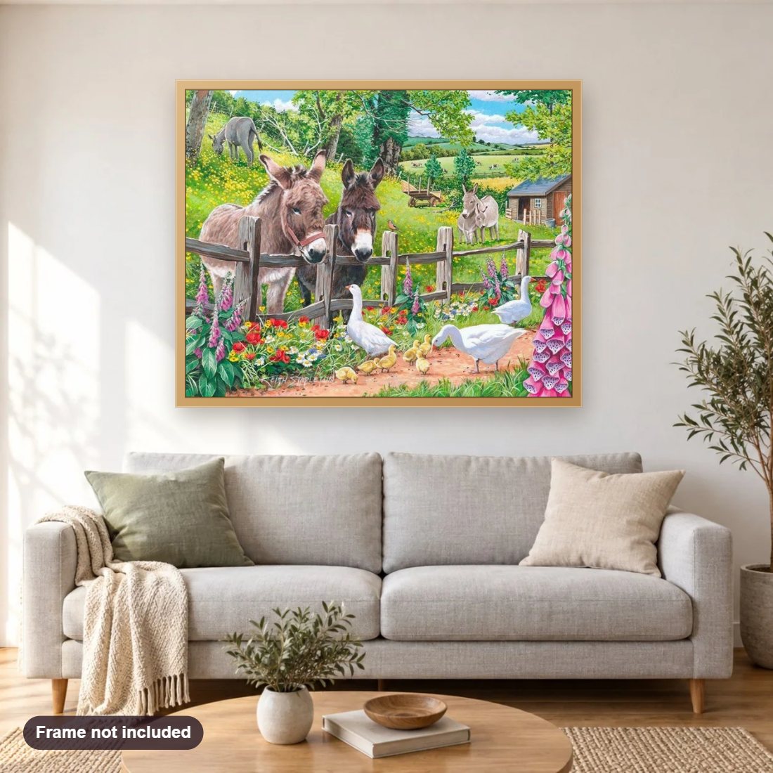 Jack & Jenny Laurel Collection diamond painting shown framed on a living room wall above a sofa