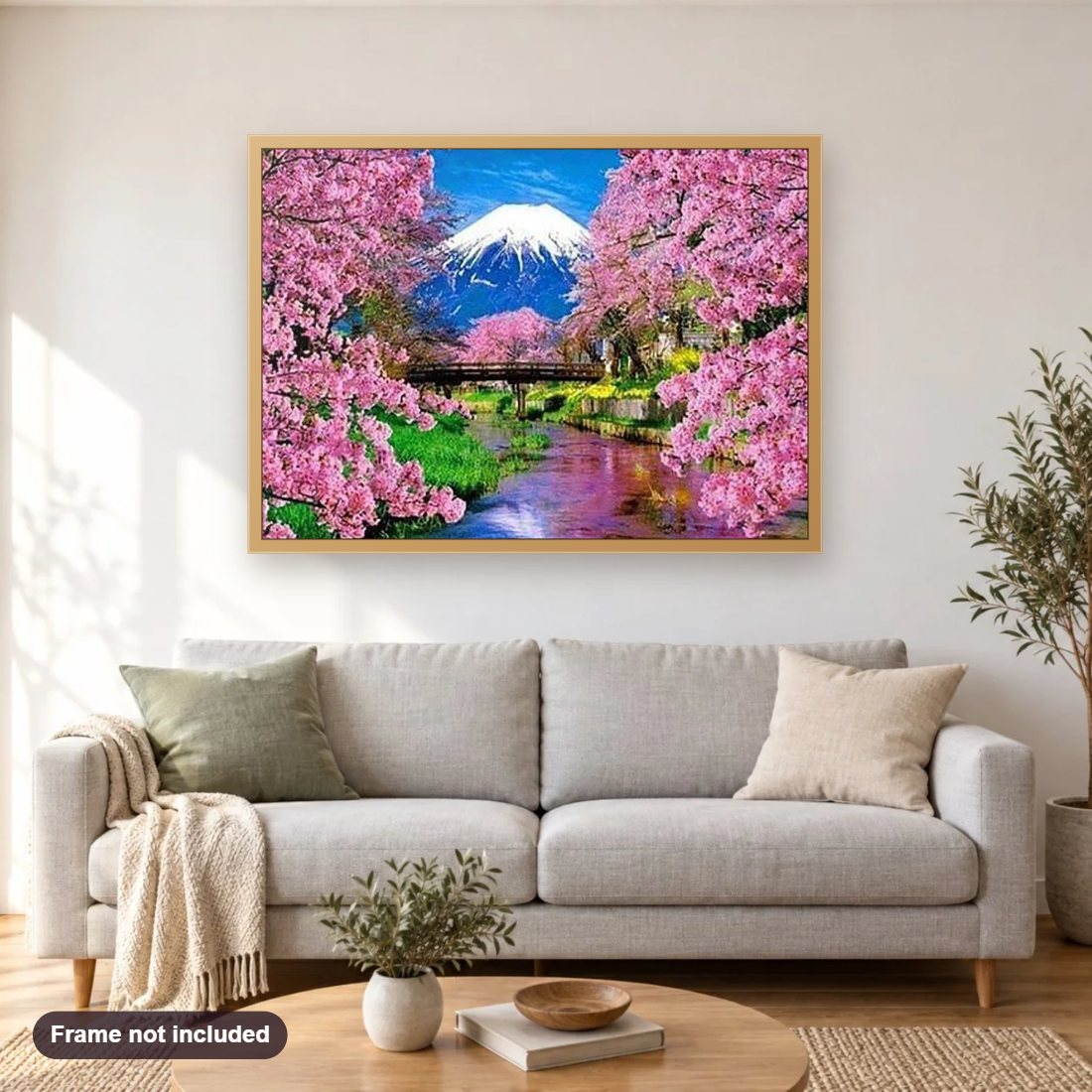 Japanese Cherry Blossoms Spring diamond painting shown framed on a living room wall above a sofa