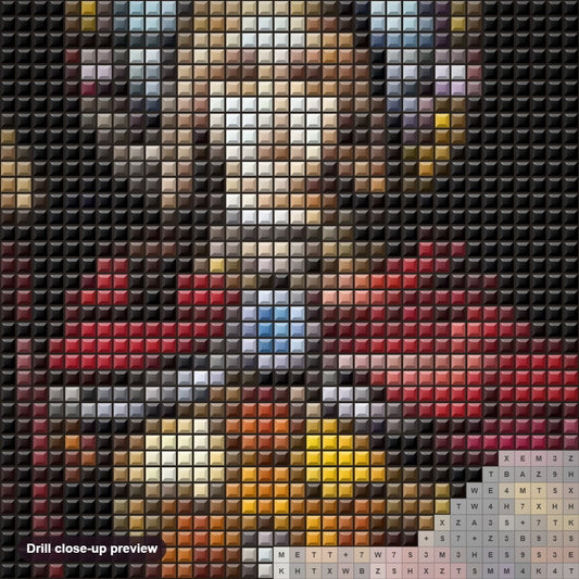 Close-up preview of the Joan of Arc Stained Glass diamond painting with square 5D drills and printed canvas symbols