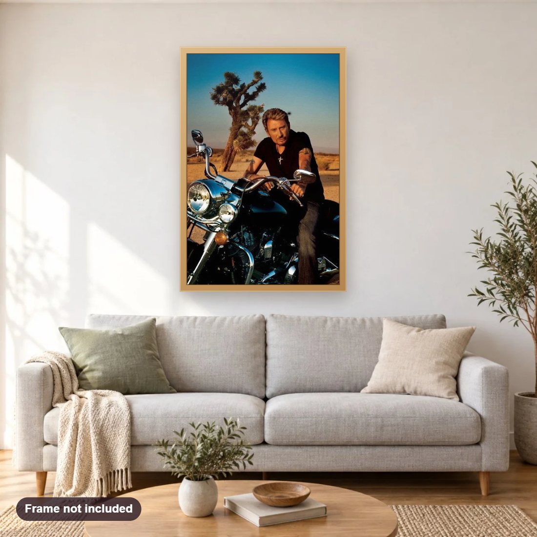 Johnny Hallyday diamond painting shown framed on a living room wall above a sofa