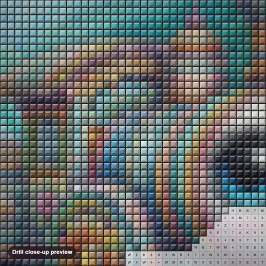 Close-up preview of the Journey on the Bunny Train diamond painting with square 5D drills and printed canvas symbols
