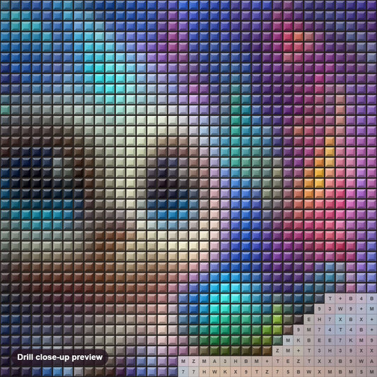 Close-up preview of the Joy with Adorable Characters diamond painting with square 5D drills and printed canvas symbols