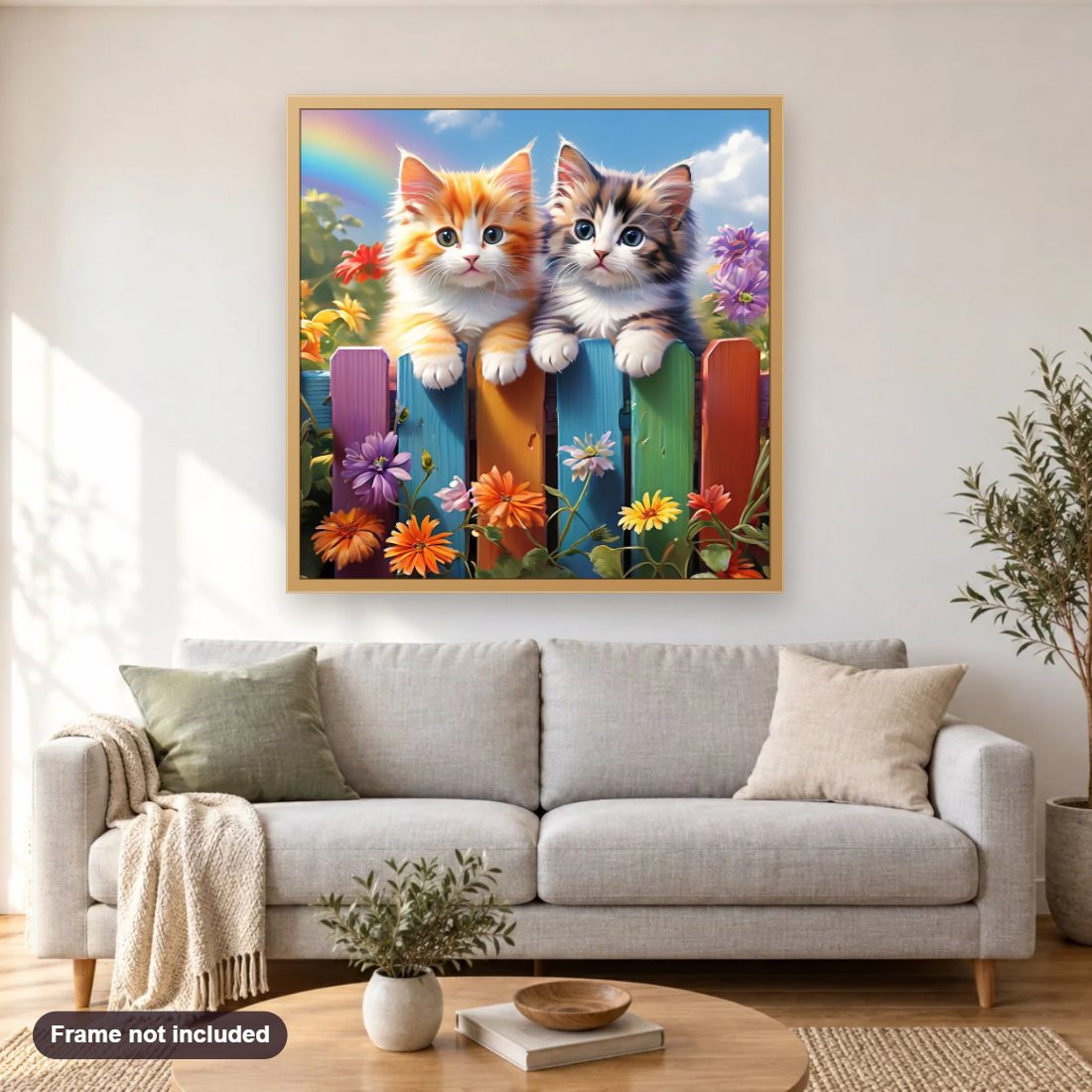 Joyful Kittens on Rainbow Fence diamond painting shown framed on a living room wall above a sofa