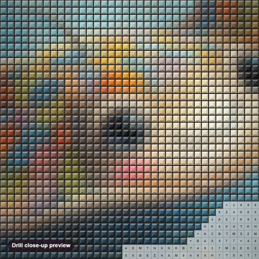 Close-up preview of the Joyful Swimmer diamond painting with square 5D drills and printed canvas symbols