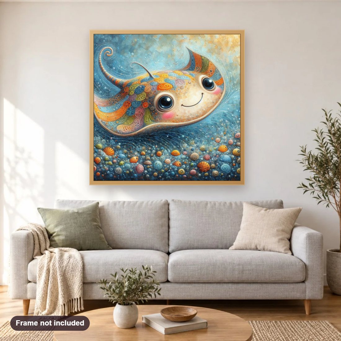 Joyful Swimmer diamond painting shown framed on a living room wall above a sofa