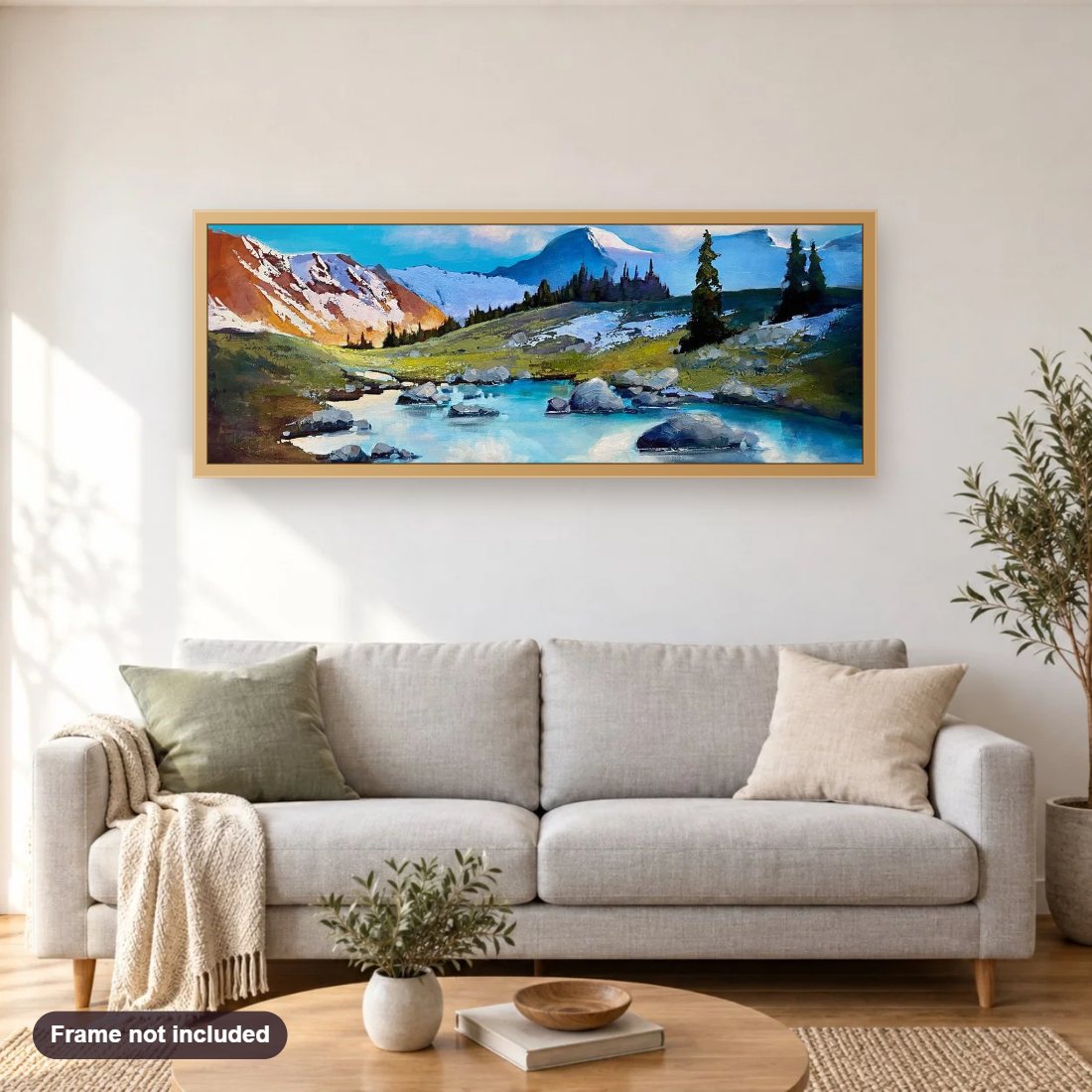 Jumbo Pass diamond painting shown framed on a living room wall above a sofa