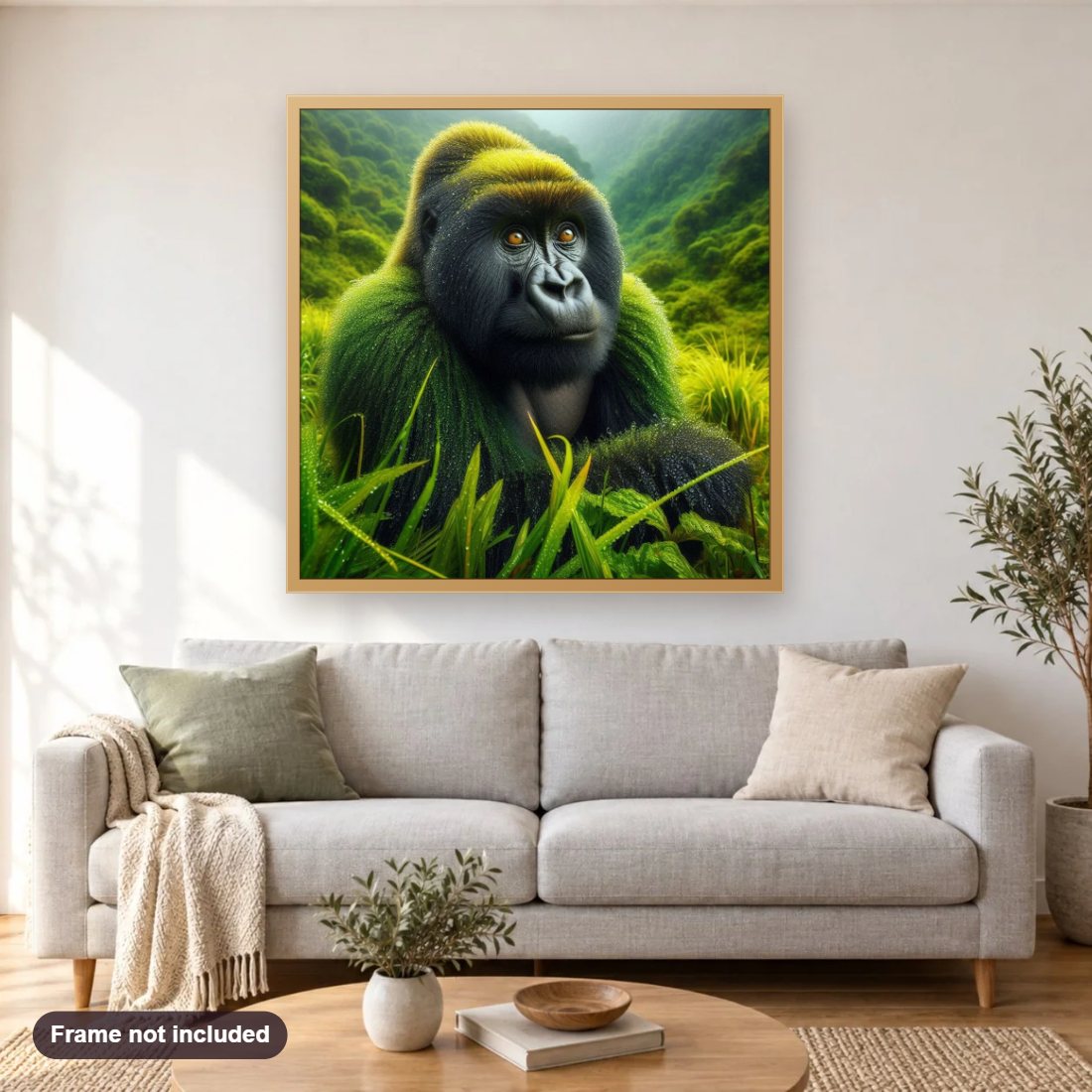 Jungle Giants Gorillas diamond painting shown framed on a living room wall above a sofa