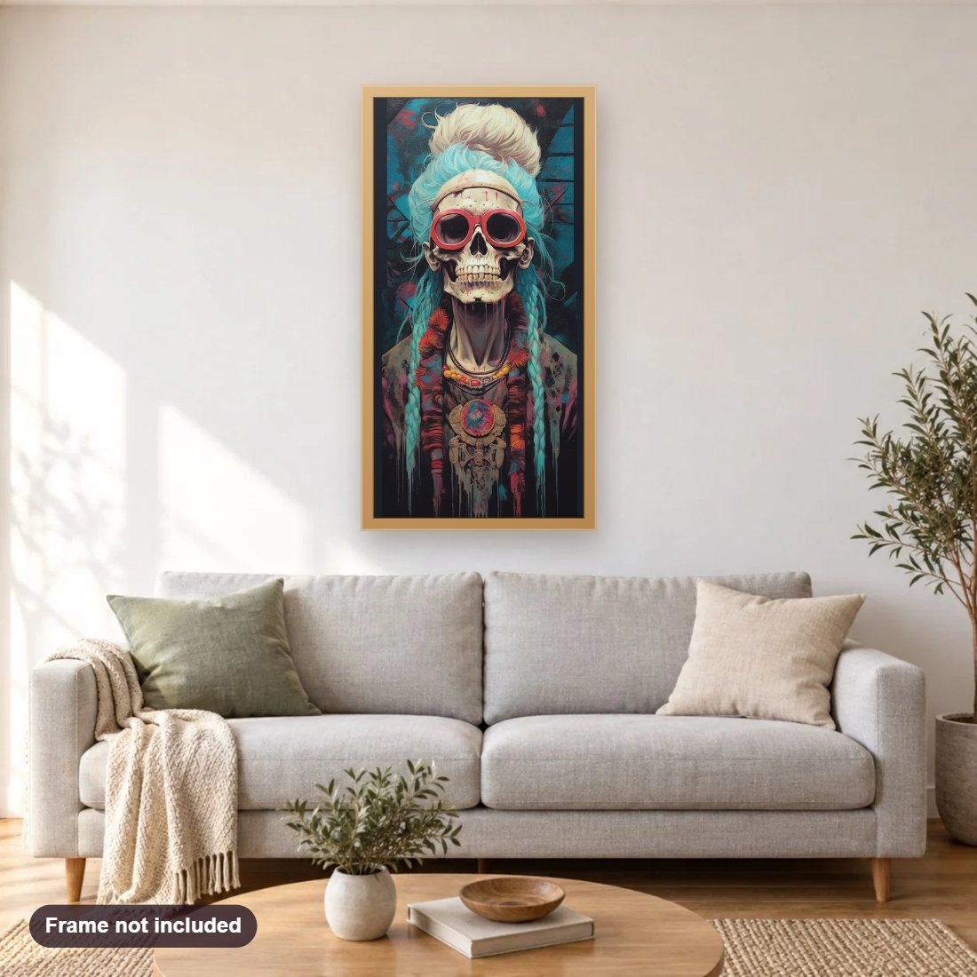 Just Following The Trend diamond painting shown framed on a living room wall above a sofa