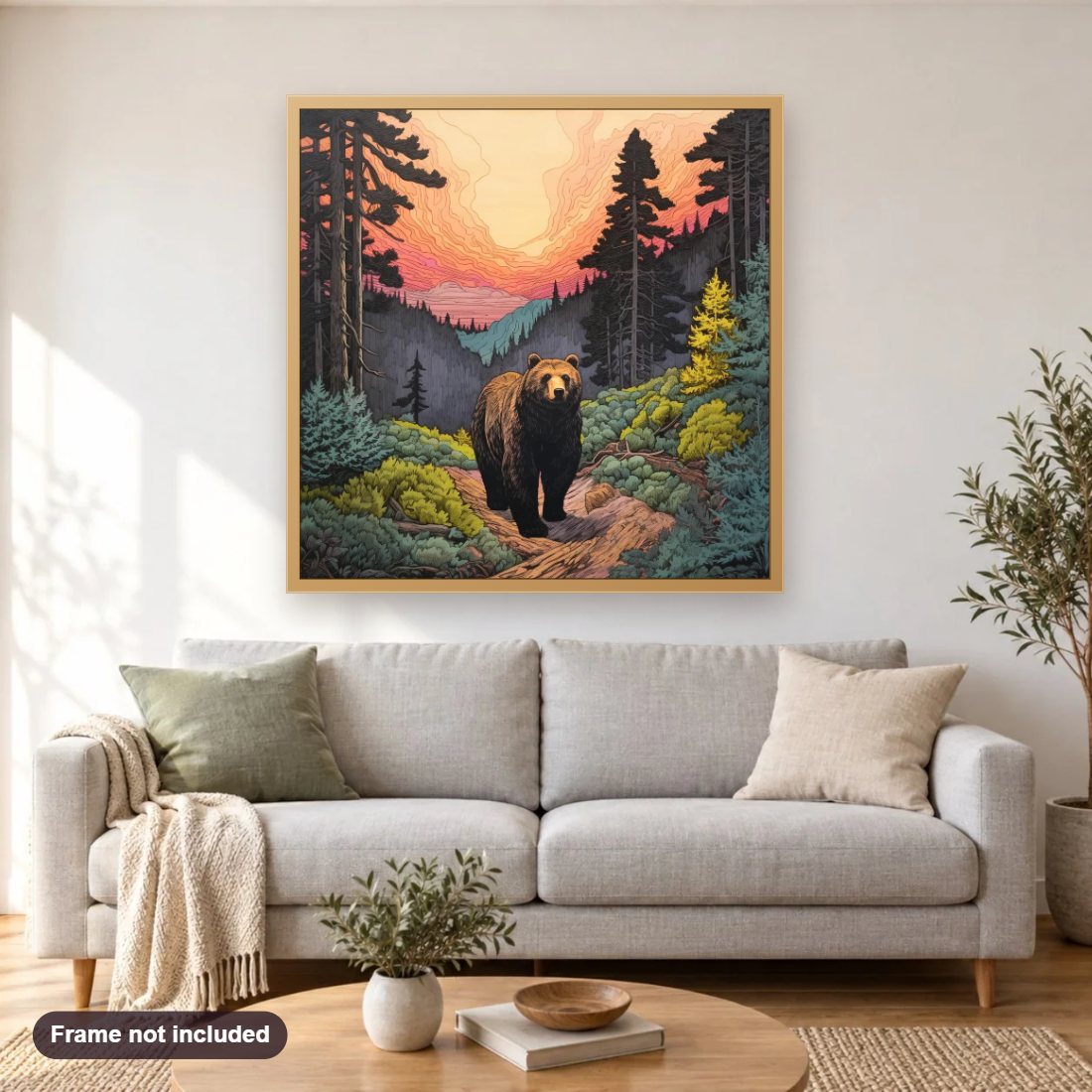 Just Taking a Fresh Air diamond painting shown framed on a living room wall above a sofa