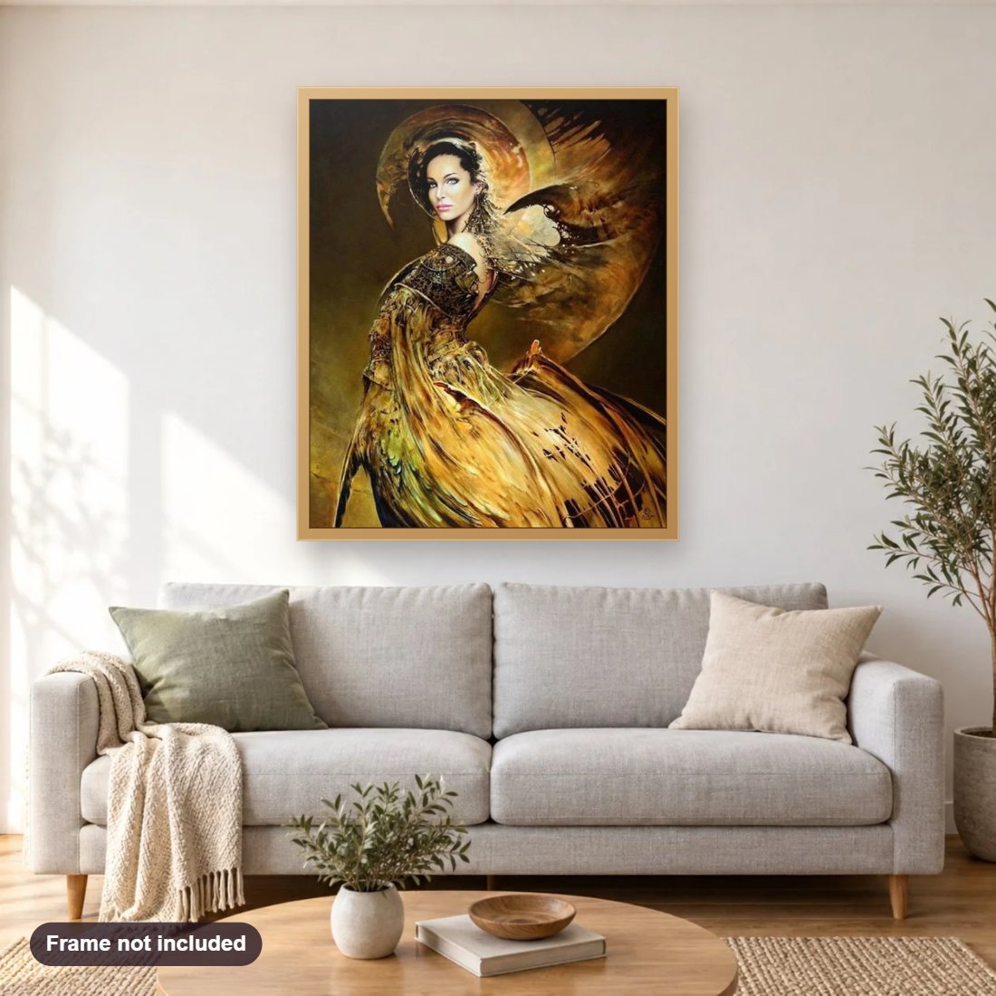 Karol Back diamond painting shown framed on a living room wall above a sofa
