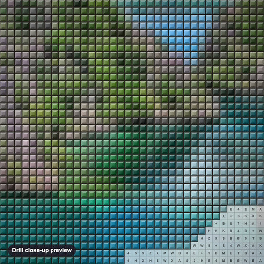 Close-up preview of the Kayangan Lake diamond painting with square 5D drills and printed canvas symbols