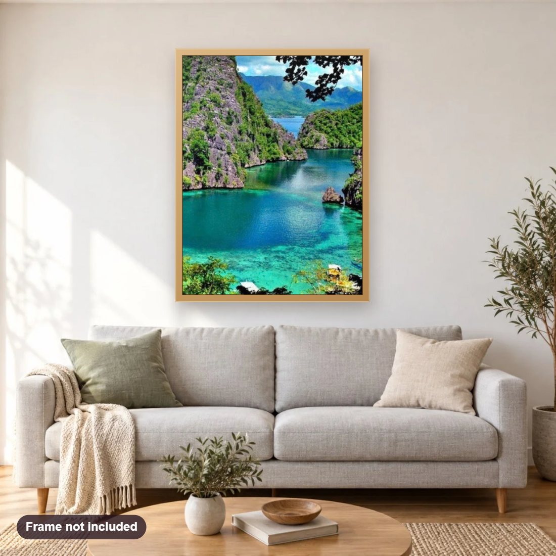 Kayangan Lake diamond painting shown framed on a living room wall above a sofa