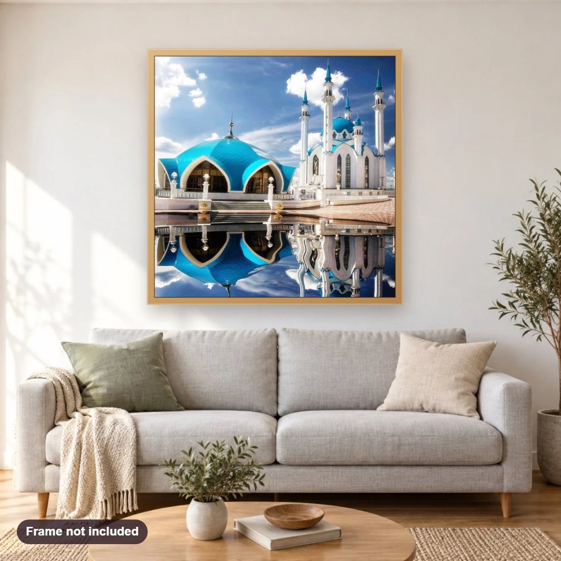 Kazan Kremlin, Qolsharif Mosque diamond painting shown framed on a living room wall above a sofa