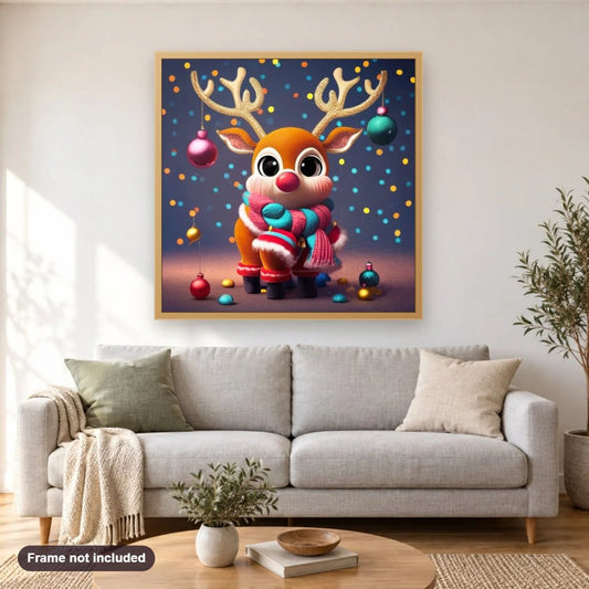 Kids Christmas Card diamond painting shown framed on a living room wall above a sofa