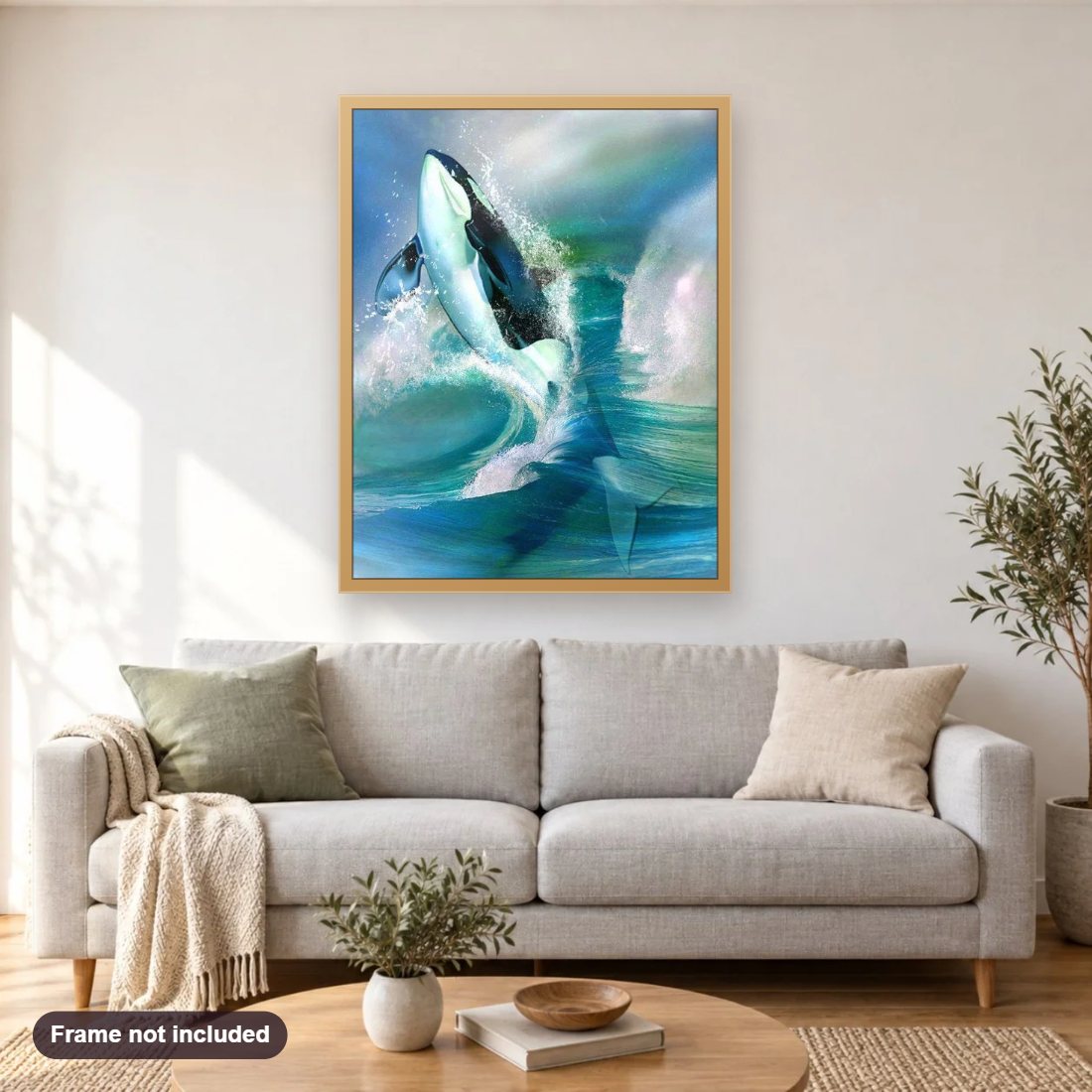 Killer Whale diamond painting shown framed on a living room wall above a sofa