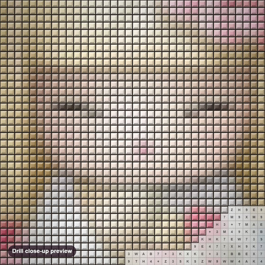 Close-up preview of the Kimmi Doll diamond painting with square 5D drills and printed canvas symbols