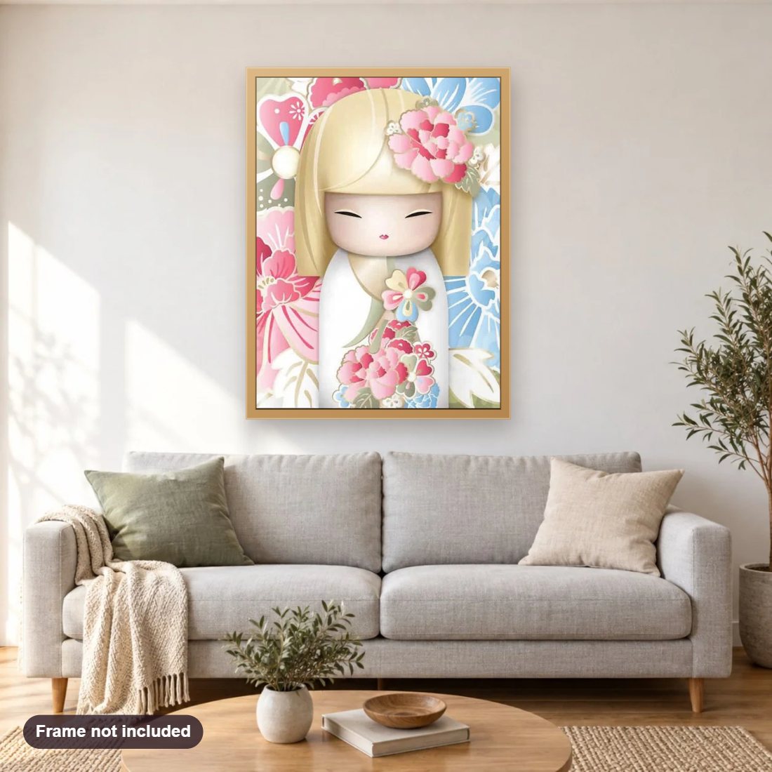 Kimmi Doll diamond painting shown framed on a living room wall above a sofa