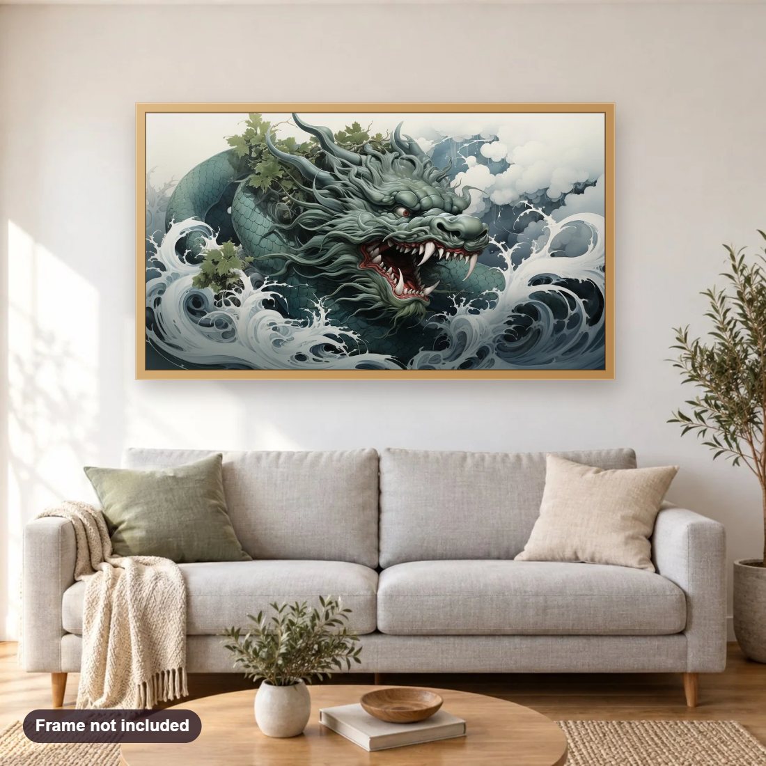 King of the Waves diamond painting shown framed on a living room wall above a sofa