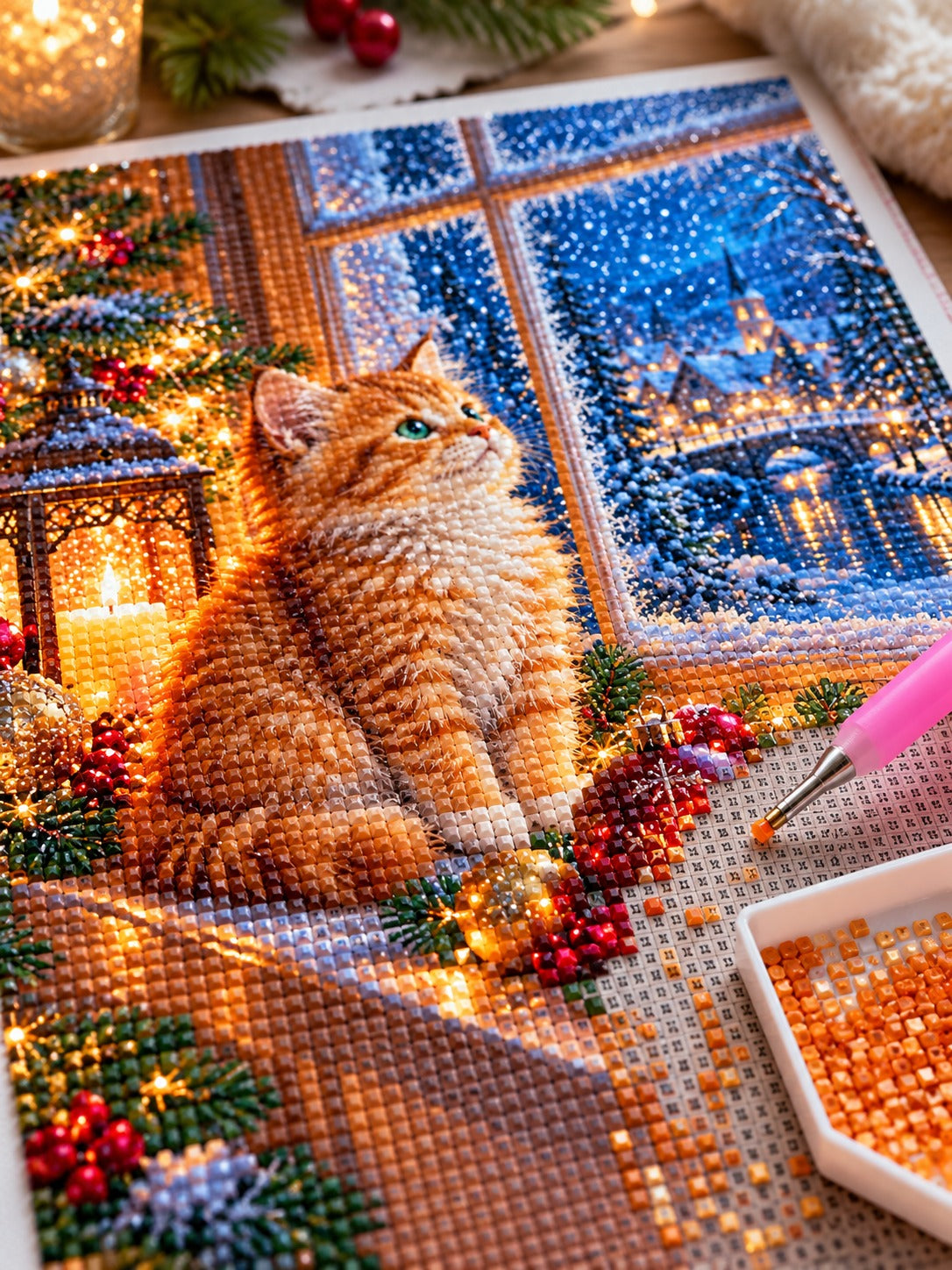 Close-up of the ginger kitten at a frosted Christmas window with candles diamond painting in progress, square resin drills, wax pen and drill tray