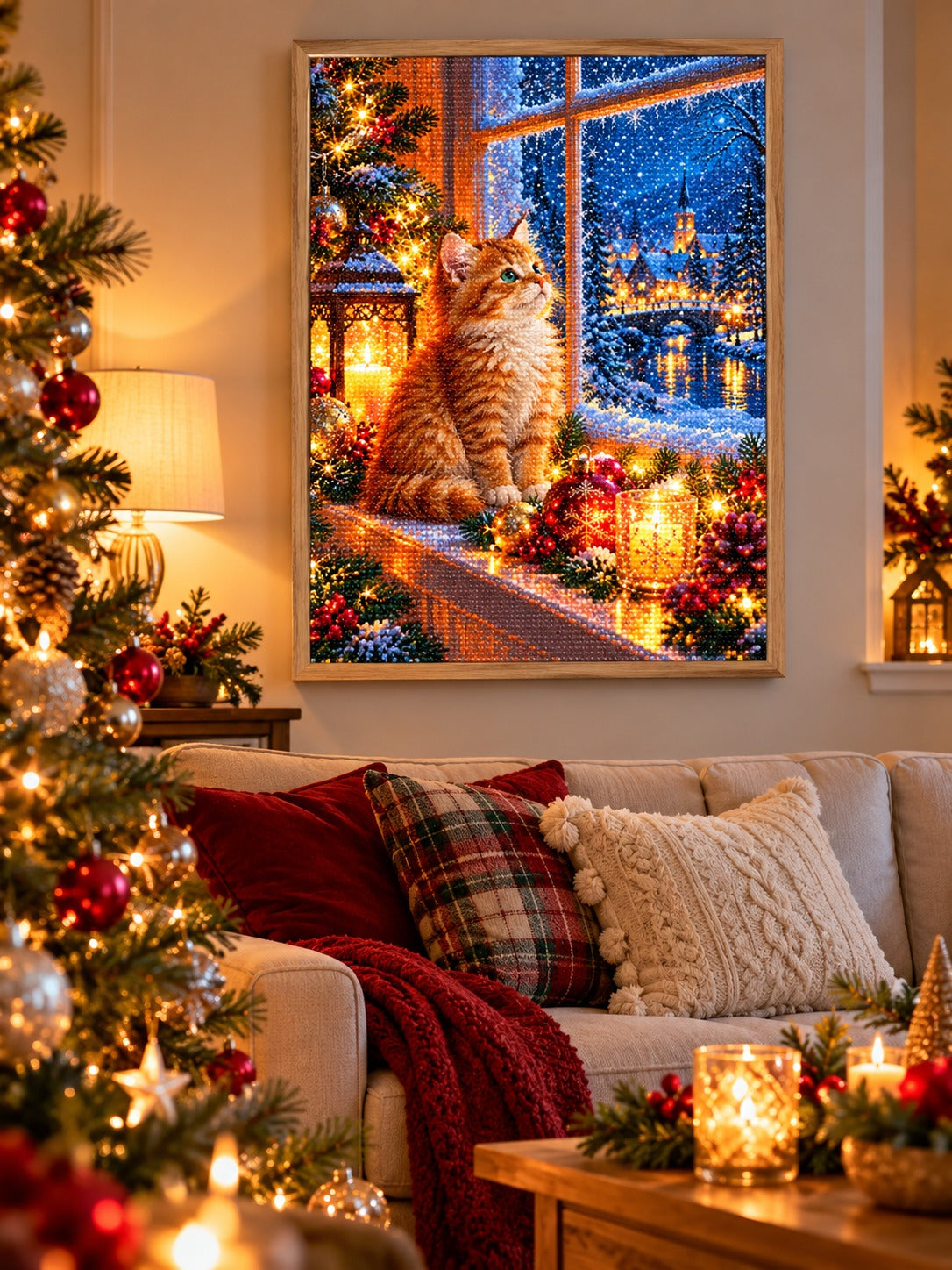 Finished ginger kitten at a frosted Christmas window with candles diamond painting in a light oak frame hanging in a cozy living room decorated for Christmas