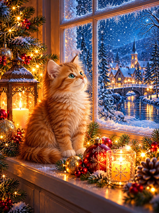 Ginger kitten at a frosted Christmas window with candles, Christmas diamond painting kit by All Diamond Painting