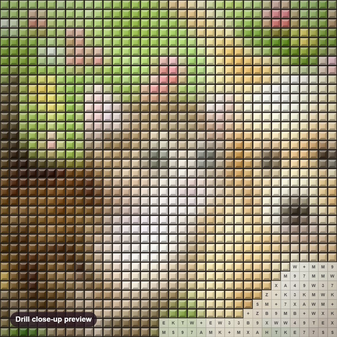 Close-up preview of the Kitten & Puppy in Garden diamond painting with square 5D drills and printed canvas symbols