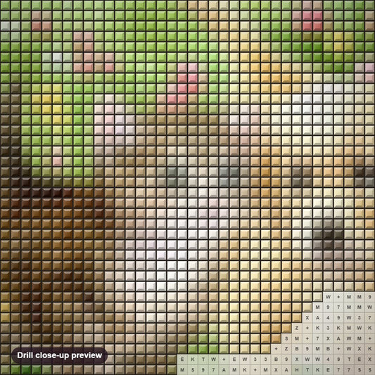 Close-up preview of the Kitten & Puppy in Garden diamond painting with square 5D drills and printed canvas symbols