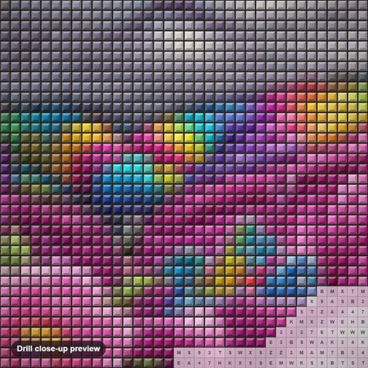Close-up preview of the Kitten's Blooming Adventure diamond painting with square 5D drills and printed canvas symbols