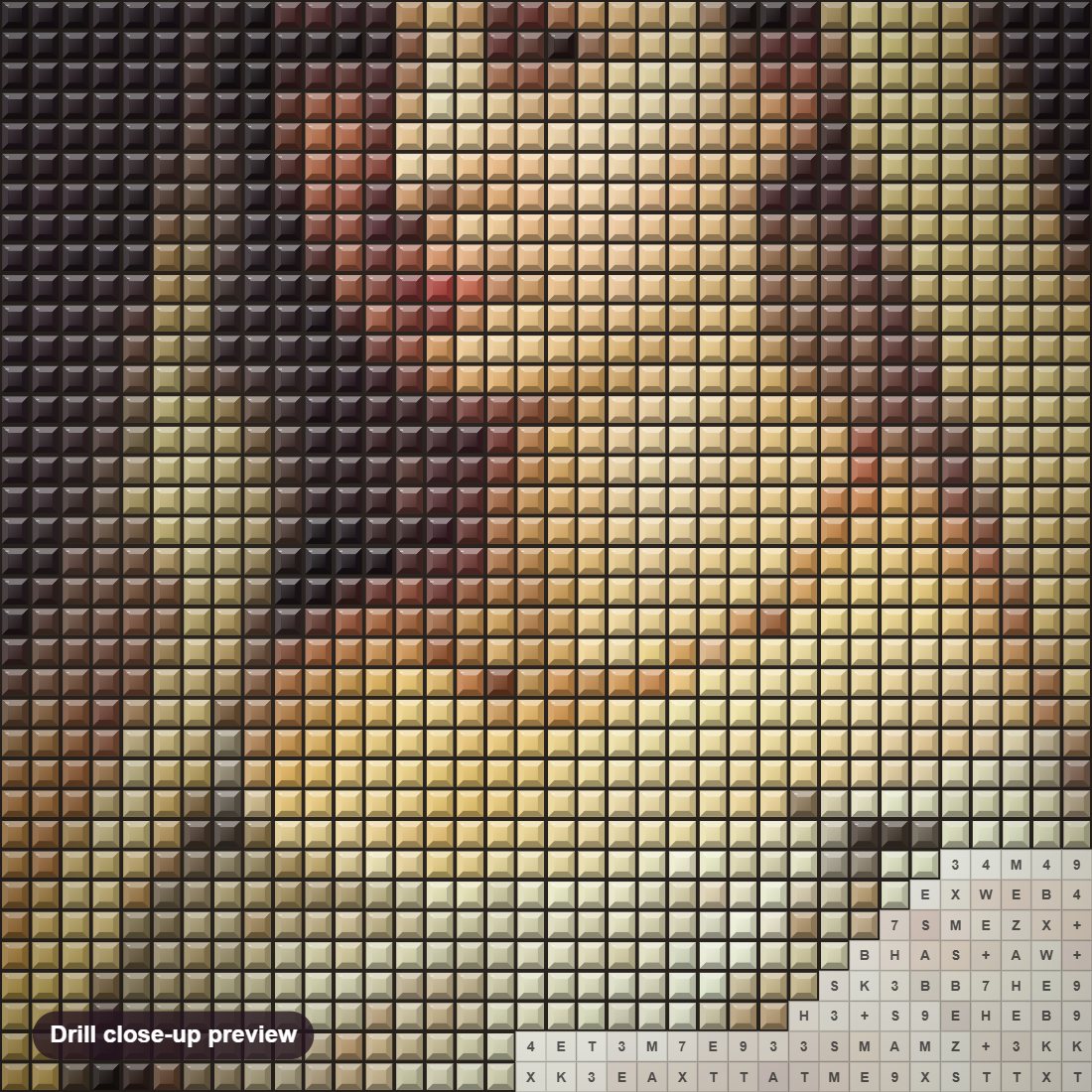 Close-up preview of the La Donna Velata diamond painting with square 5D drills and printed canvas symbols