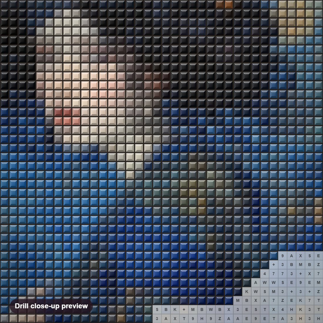 Close-up preview of the Lady in Gold & Blue diamond painting with square 5D drills and printed canvas symbols