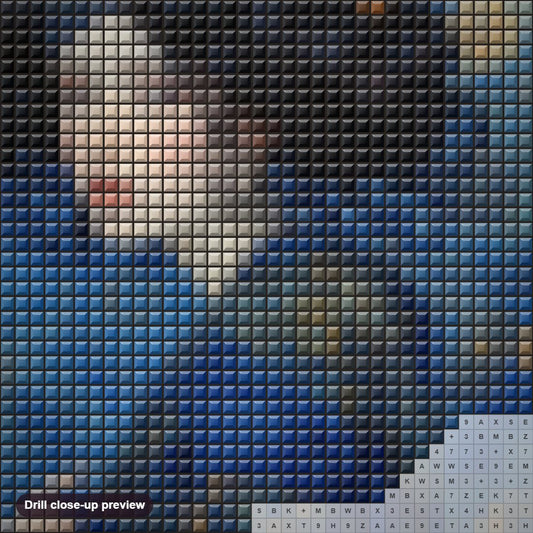 Close-up preview of the Lady in Gold & Blue diamond painting with square 5D drills and printed canvas symbols