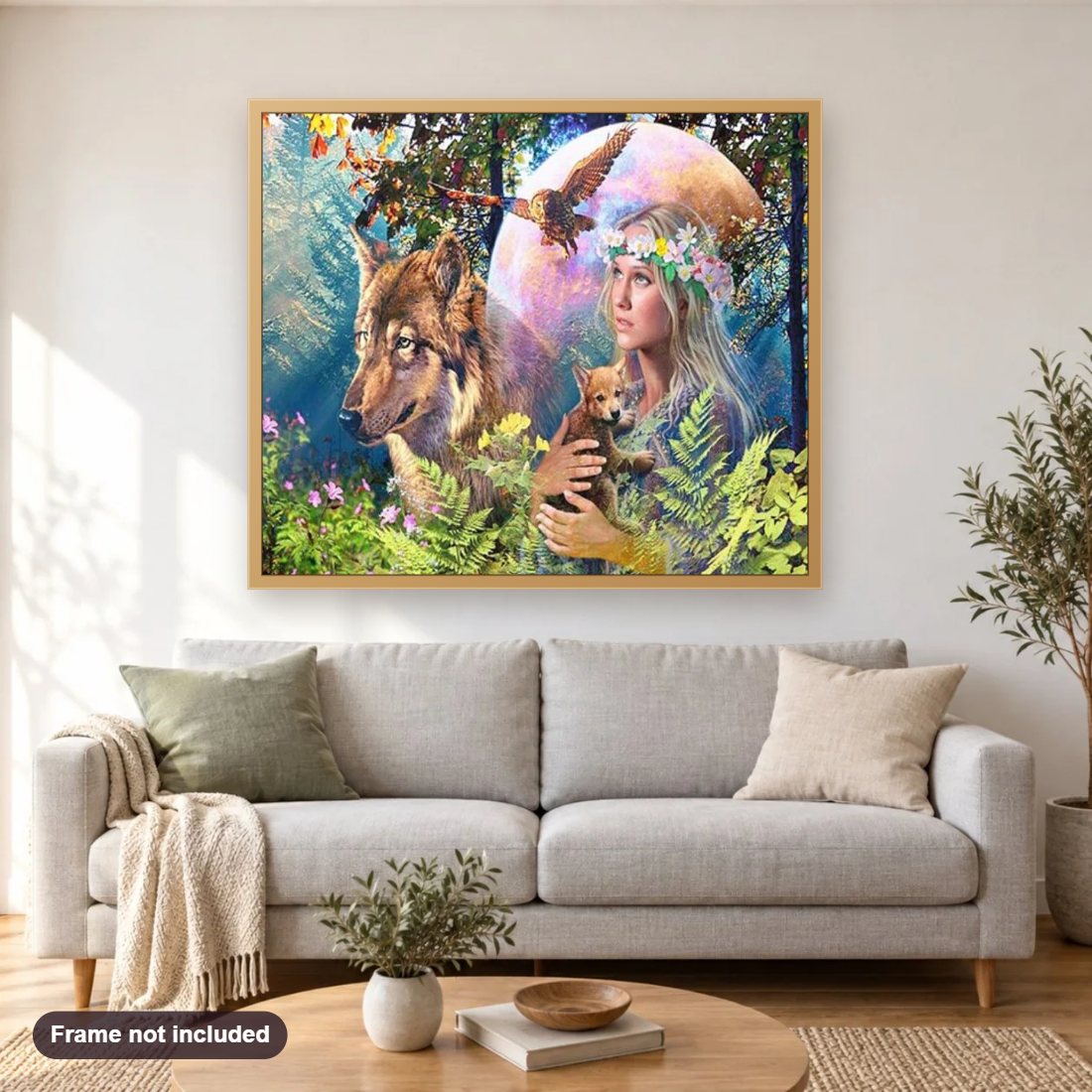 Lady of the Forest diamond painting shown framed on a living room wall above a sofa