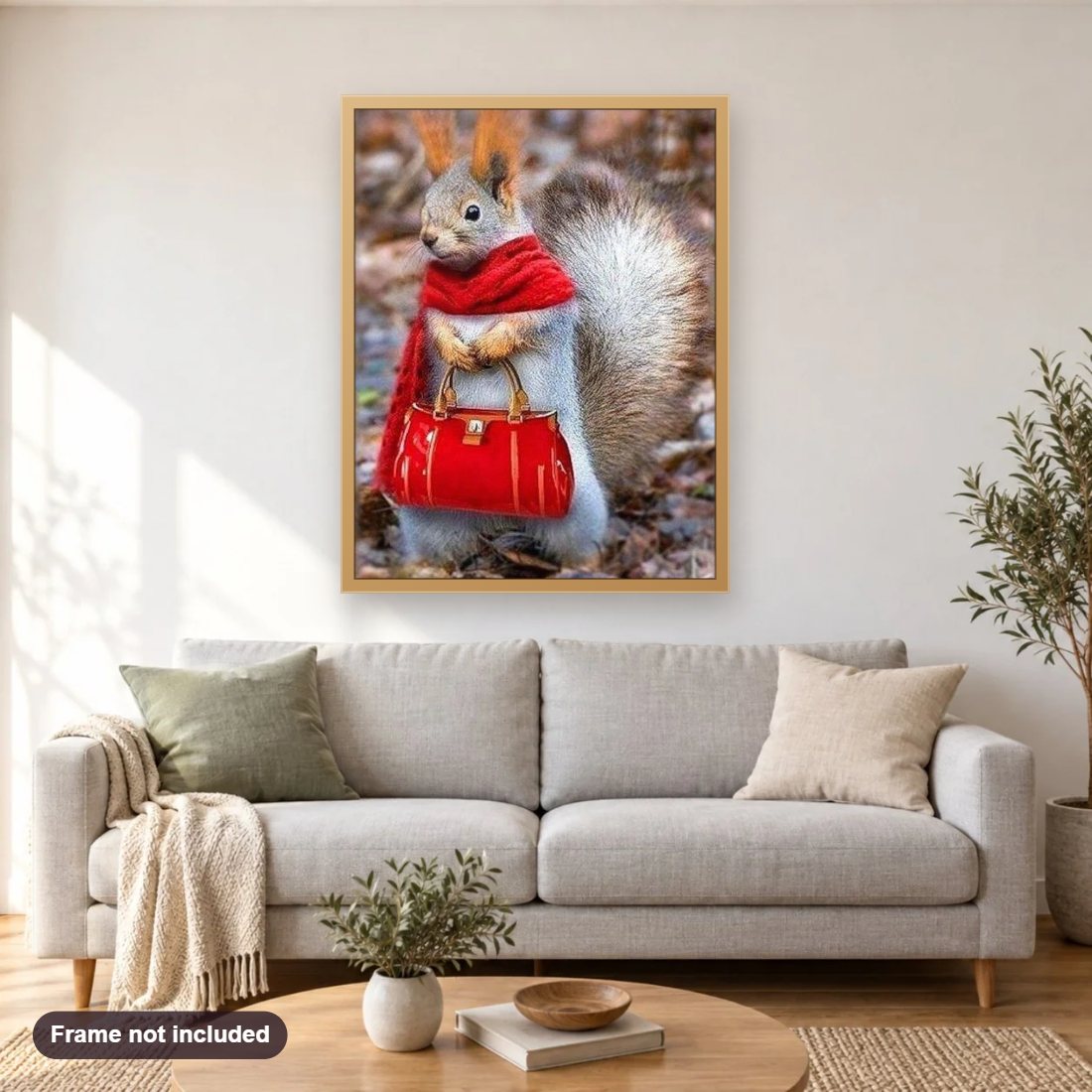 Lady Squirrel diamond painting shown framed on a living room wall above a sofa