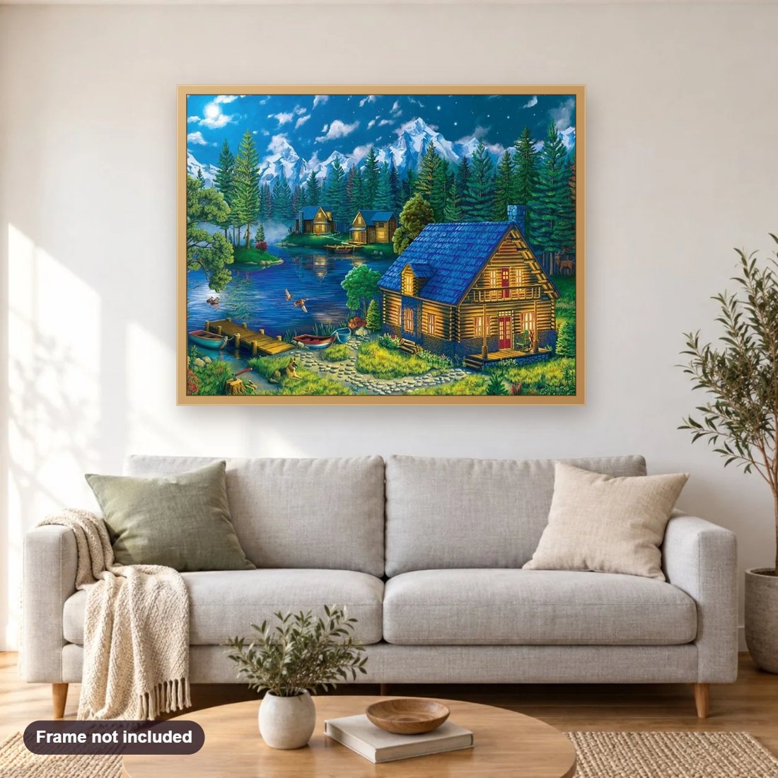 Lake Forest Cabin diamond painting shown framed on a living room wall above a sofa
