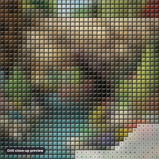Close-up preview of the Lake & Garden diamond painting with square 5D drills and printed canvas symbols