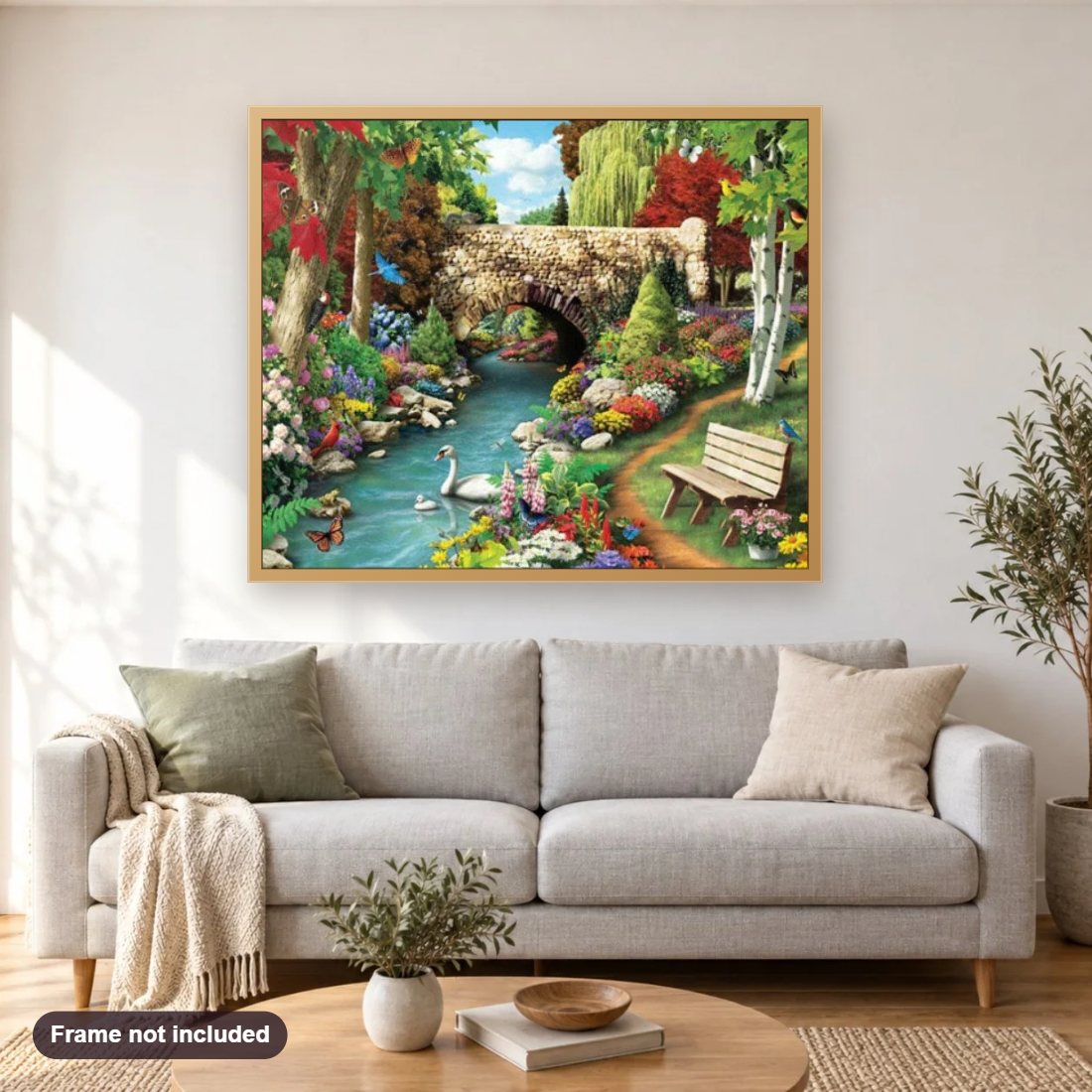 Lake & Garden diamond painting shown framed on a living room wall above a sofa