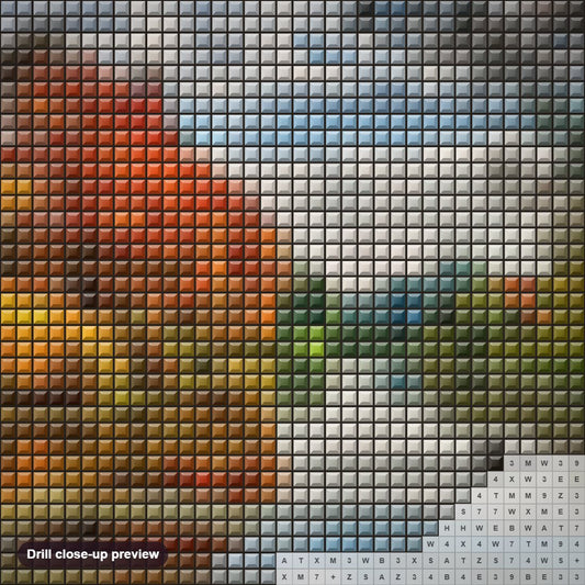 Close-up preview of the Lakeside Autumn Trees diamond painting with square 5D drills and printed canvas symbols