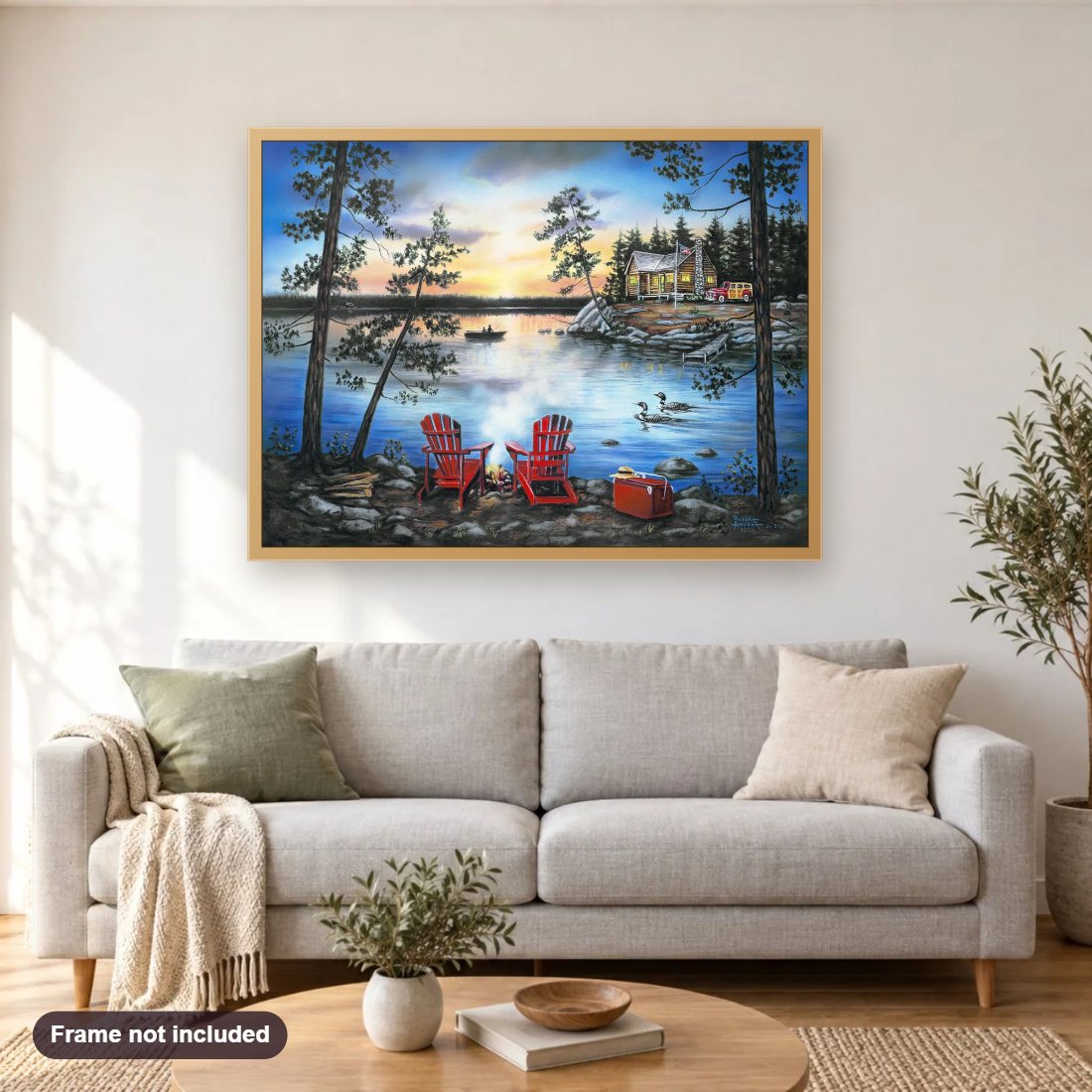 Lakeside Retreat diamond painting shown framed on a living room wall above a sofa