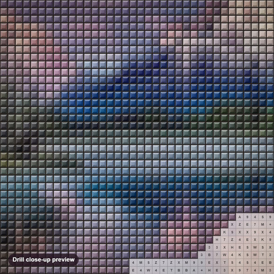 Close-up preview of the Landscape Full Drill diamond painting with square 5D drills and printed canvas symbols