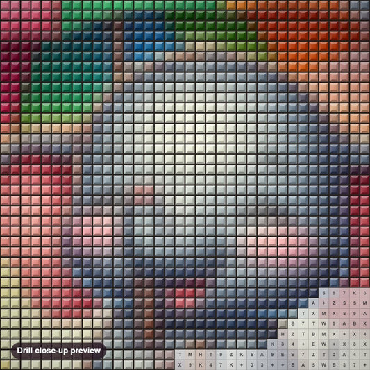 Close-up preview of the Laughing Elephant With Colorful Umbrella diamond painting with square 5D drills and printed canvas symbols